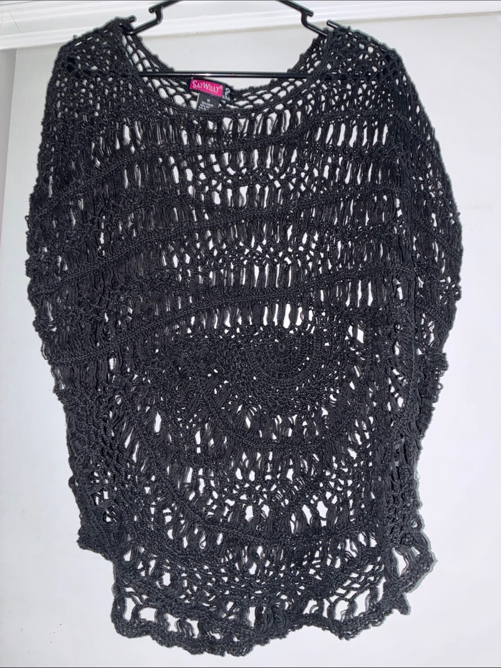 SayWhat Black Crochet Circle-Pattern Poncho Sweater